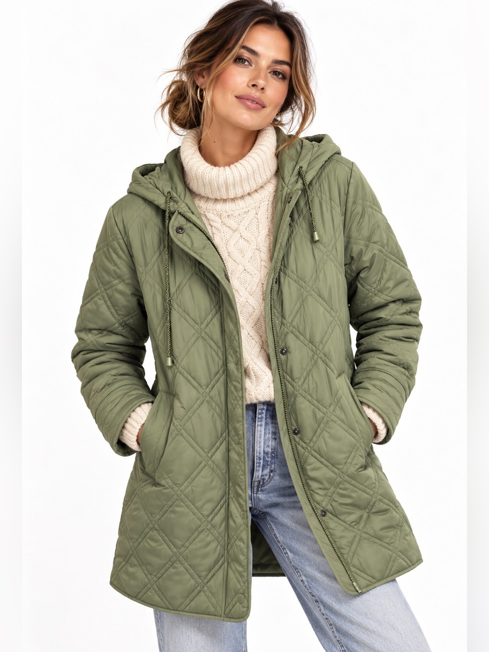Bernardo Sage Green Quilted Hooded Coat Jacket NWT XS Fall Lightweight